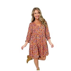 Umgee Floral Tiered Babydoll Dress Womens Medium Red Boho Cottagecore flowy